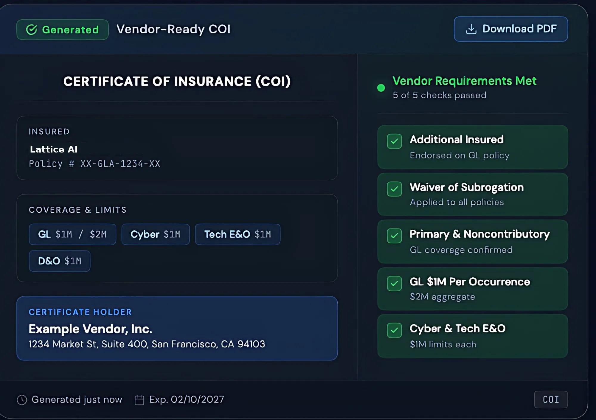Vendor-Ready Certificate of Insurance (COI) with coverage details and vendor requirements