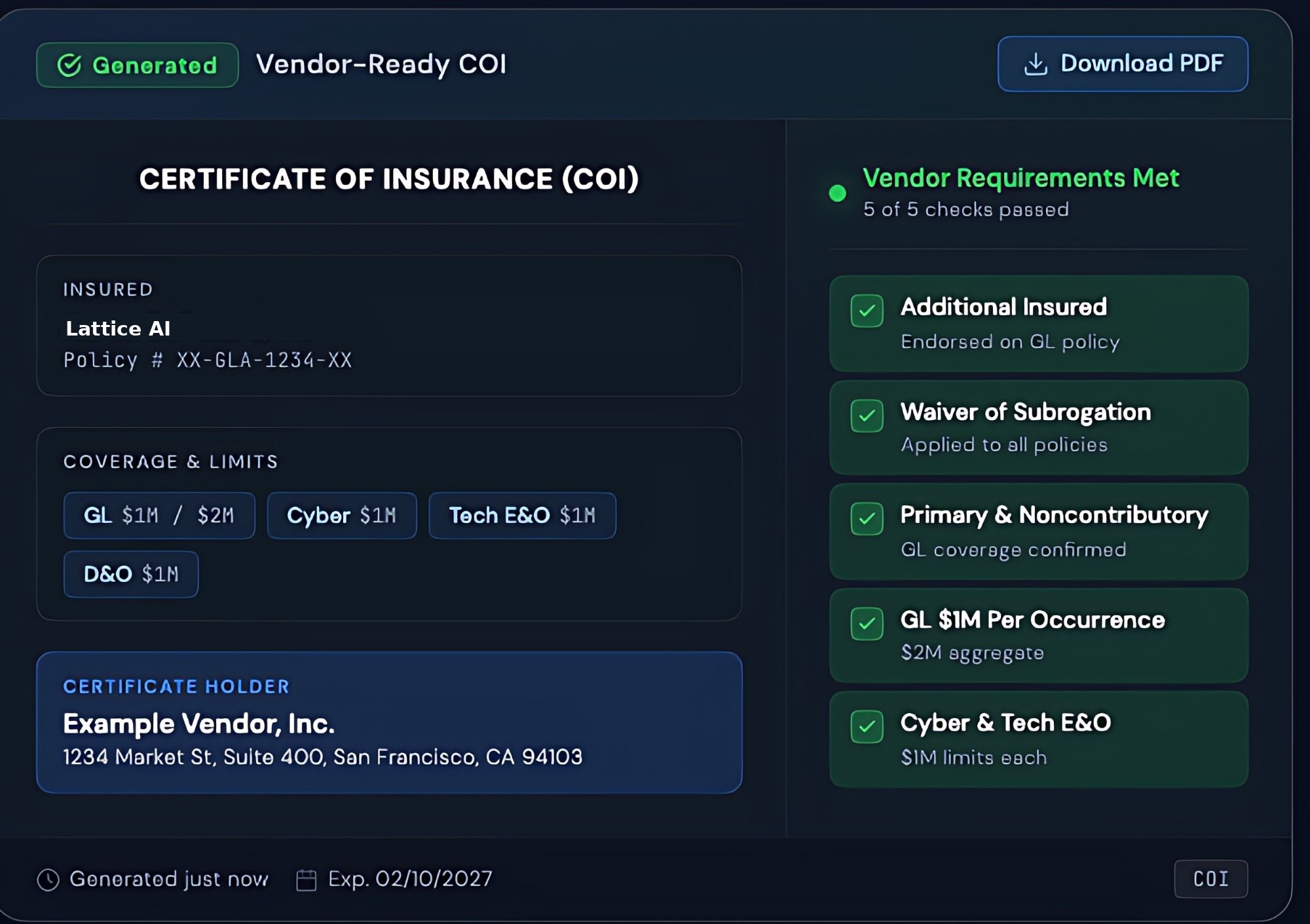RiskCube Vendor-Ready COI — ACORD 25 certificate with vendor requirements checklist
